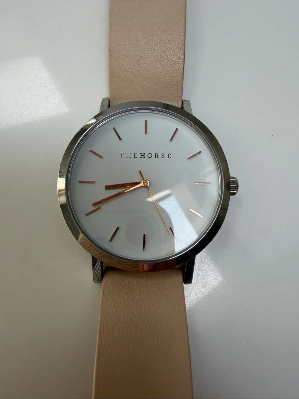 The Horse Silver Case Watch with Nude Leather Strap